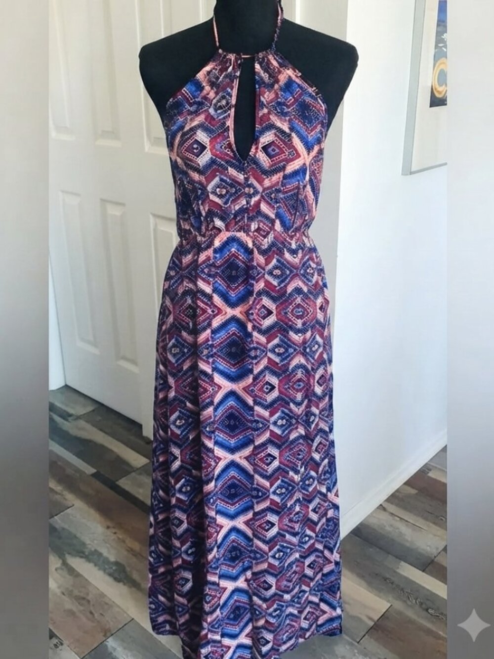 Forever 21-Halter Maxi Dress in Navy & Burgundy Geometric Missoni style print